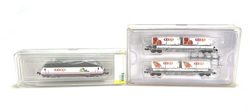 Lot 6054 *Spur N Konvolut Minitrix 11638 SBB COOP Güterzug Lok + 2 Wagen