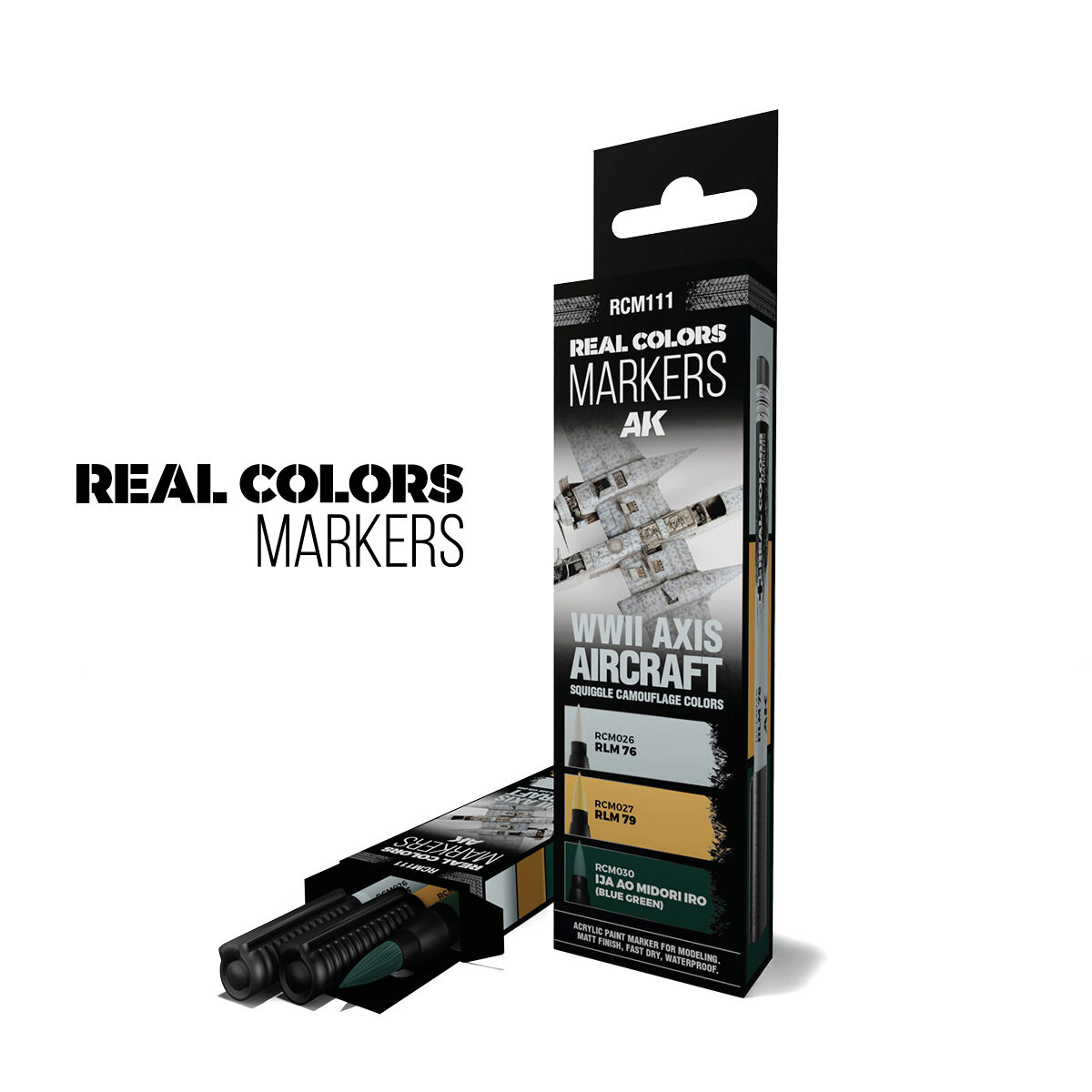 AK RCM111 WWII AXIS AIRCRAFT SQUIGGLE CAMOUFLAGE COLORS - SET 3 REAL COLORS MARKERS