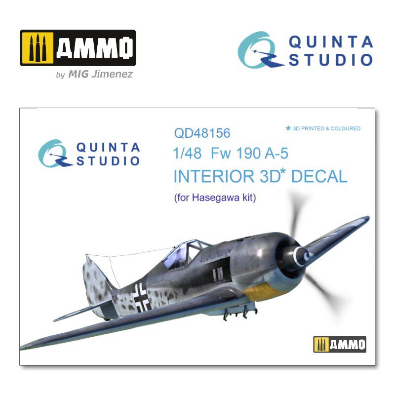 Quinta Studio QD48156 1/48 FW 190A-5  3D-Printed &amp, coloured Interior on decal paper (for Hasegawa kit) 