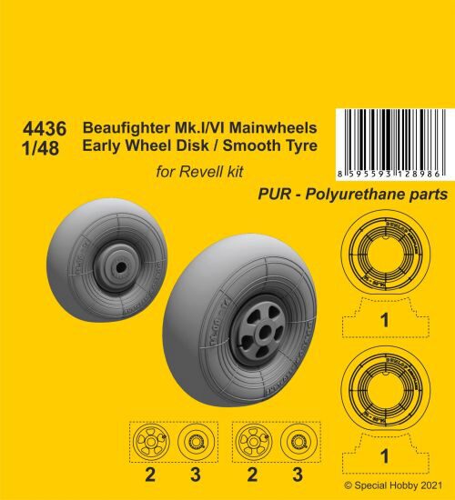 CMK 129-4436 Beufighter Mk.I/VI Mainwheels - Early Wheel Hub / Smooth Tyre