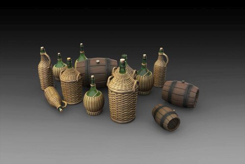 Royal Model RM786 Wicker Bottles Demijohn Glass and small barrels