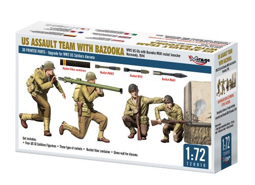 Mirage Hobby 720010 US ASSAULT TEAM WITH BAZOOKA, WW2 US GIs with Bazooka M1A1 rocket launcher Normandy, 1944