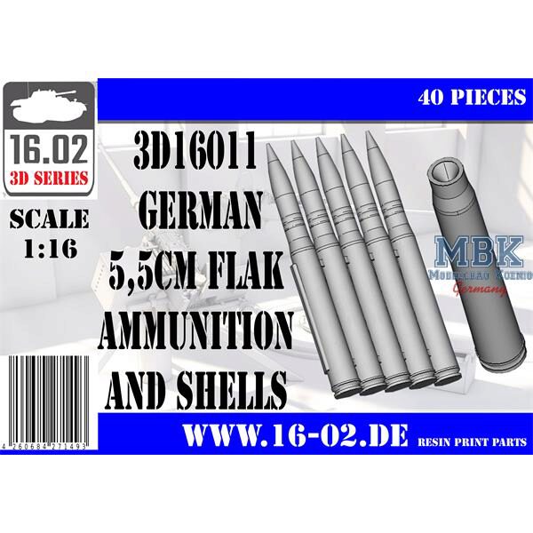 16.02 VK-3D16011 German 5,5cm Flak ammunition and shells (1:16)