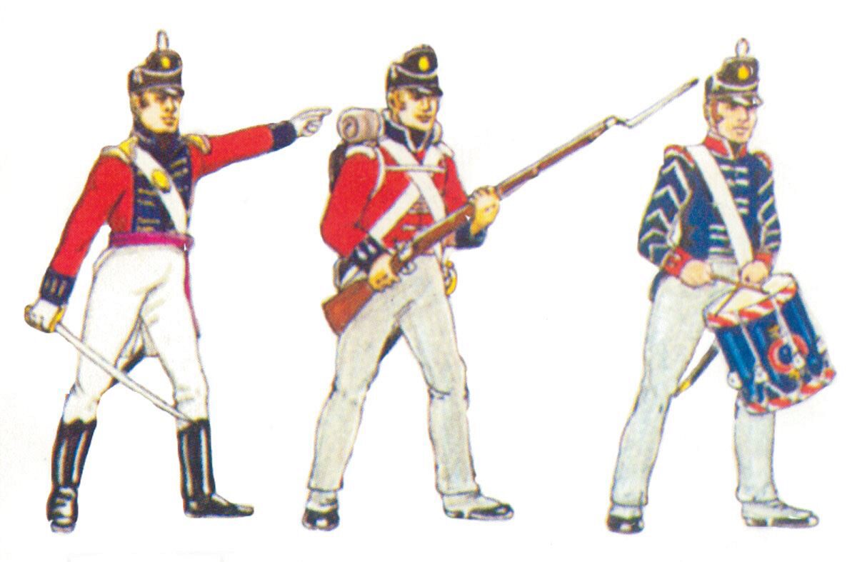 Prince August 533 Zinngiessform Napoleon Krieg  Englische Gardeinfanterie, Offizier, Trommler, Mann (3 Figuren)  England 18. Jh.