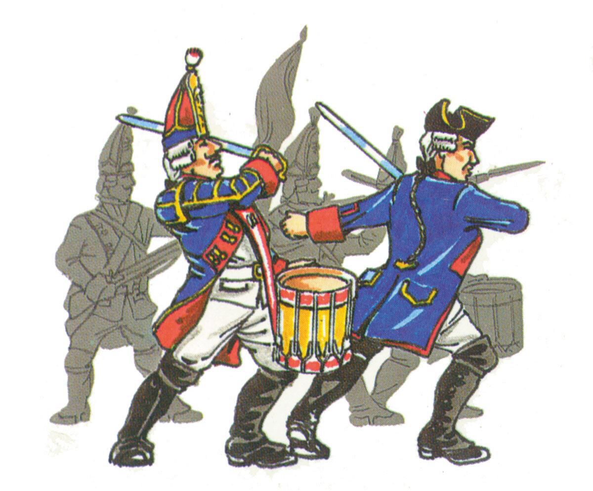 Prince August 62 Zinngiessform Battle of Rossbach - Prussia Offizier zu Fuß und Grenadier-Trommler Im Kampf. 2 verschiedene Figuren Preußen  1757